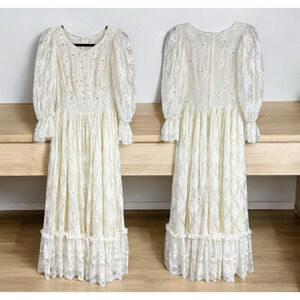 Vtg Susan Lanes Country Elegance Ivory Lace Event Dress 10 Sequin Accents 70's